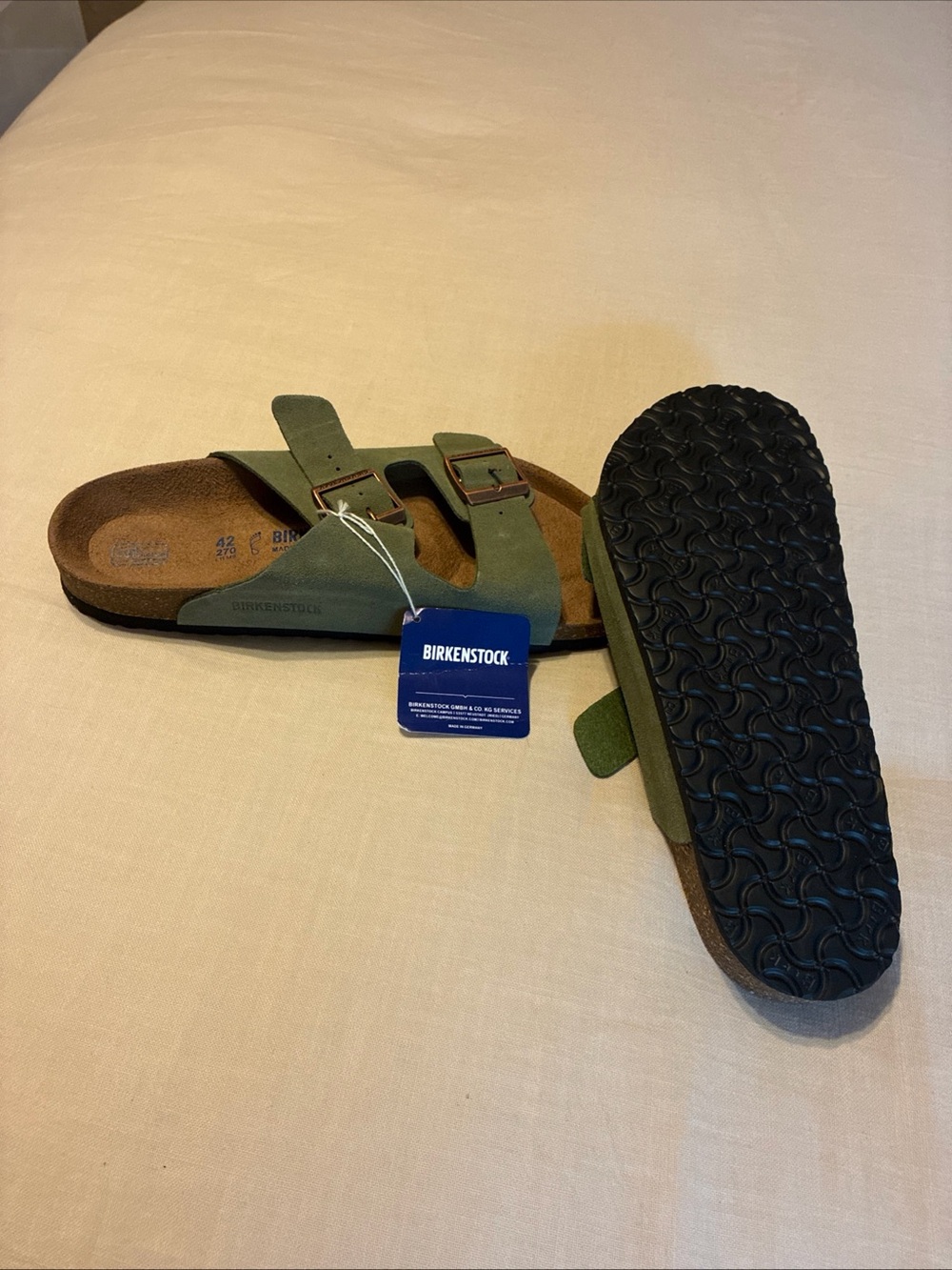 Birkenstock Men’s Arizona Sandals in Olive Green with Black Sole